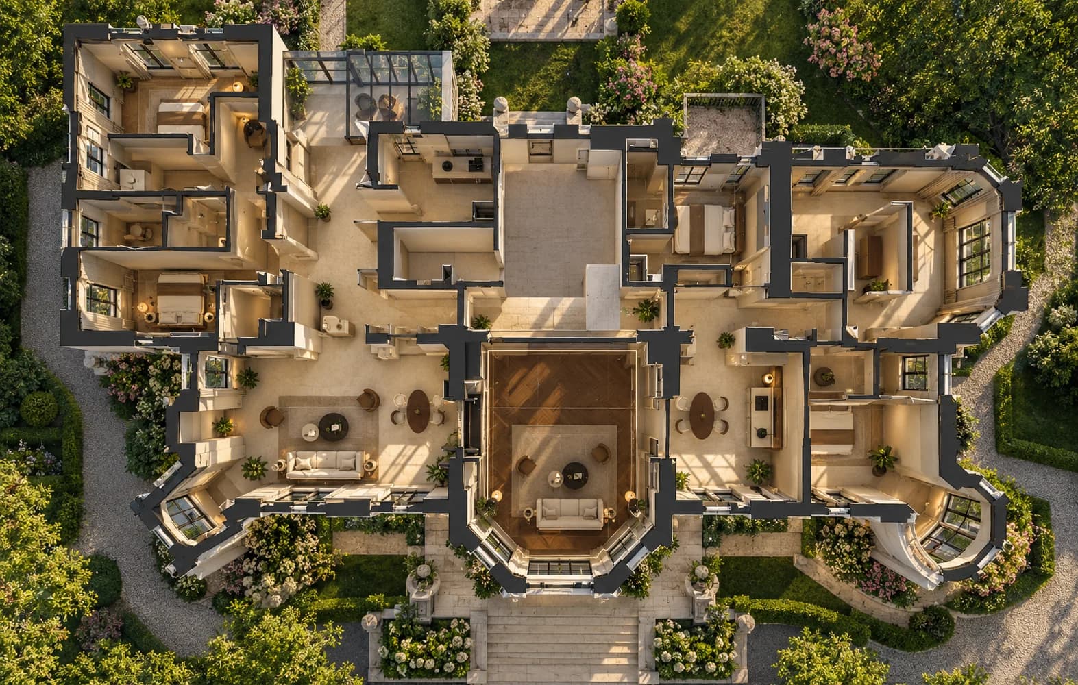 Maquette 3D vue de dessus du Manoir de Trouville, avec ses jardins et dépendances, réalisée par Inoveo3D