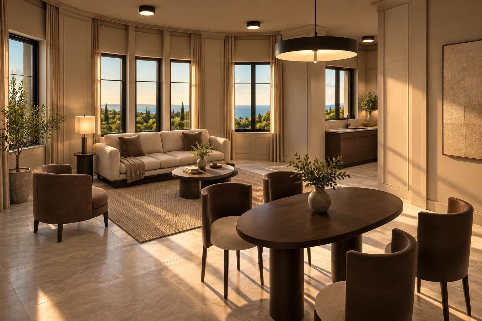 Rendu 3D meublé d'un salon et coin repas du Manoir de Trouville avec vue sur la mer