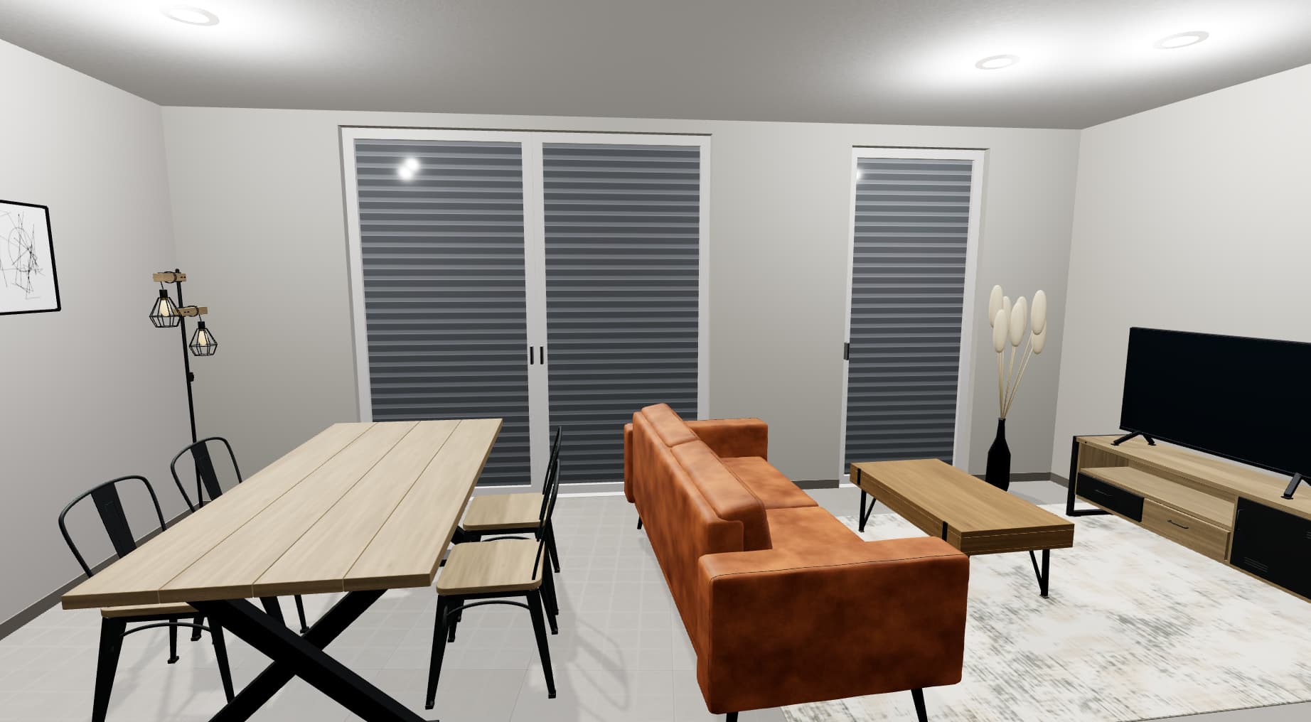 Furnished 3D render of a living and dining room generated by the Inoveo3D demonstrator, with sofa, table and furniture from the 3D catalogue